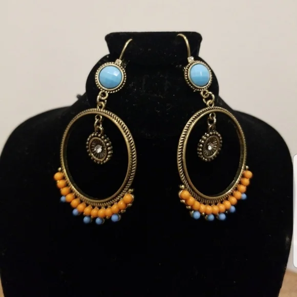 New Boho Earrings Drop Blue Beads Bronze Chandelier Gold Orange Round Vintage - Picture 2 of 2